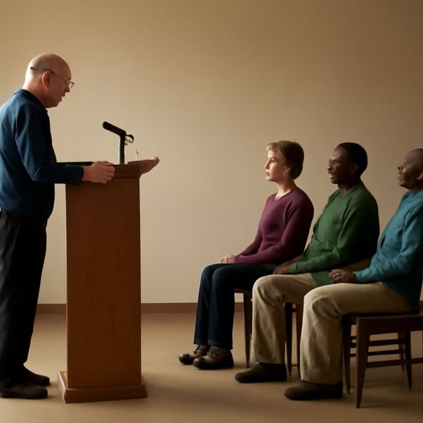 Speaker comparing audience needs, speech purpose, and communication channels on a planning board