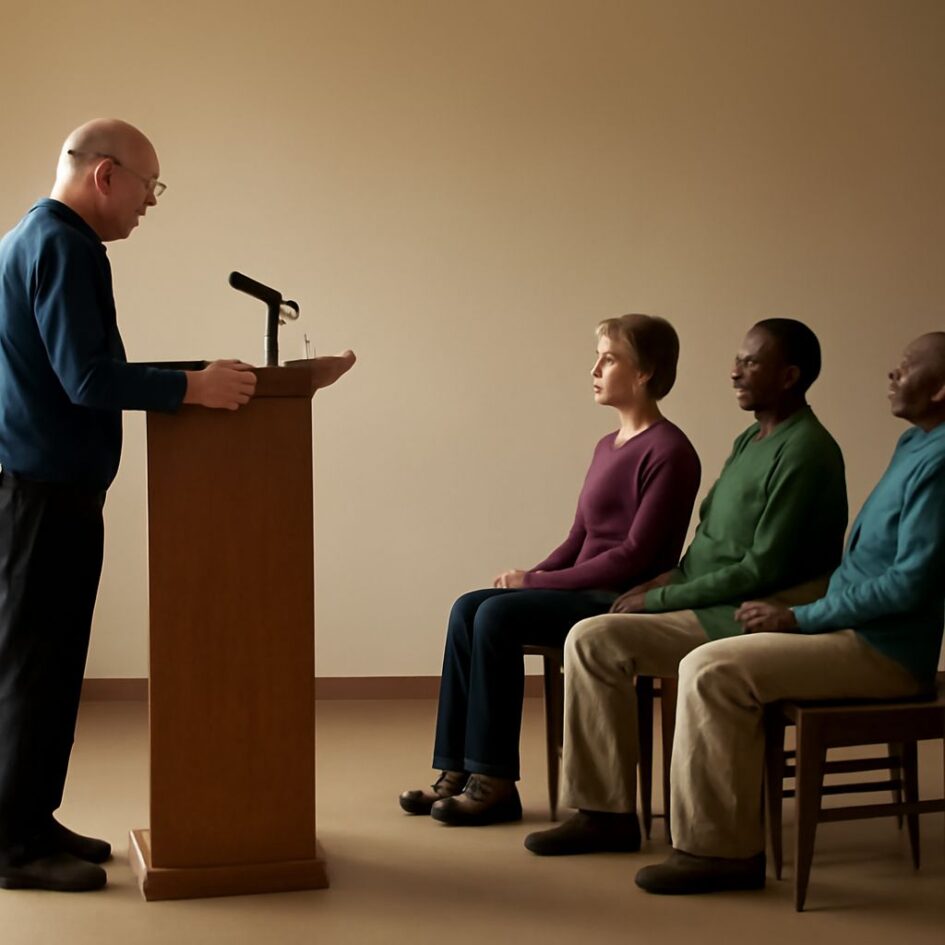 Speaker comparing audience needs, speech purpose, and communication channels on a planning board