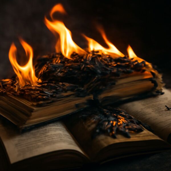 Flames consuming books beside a firehouse