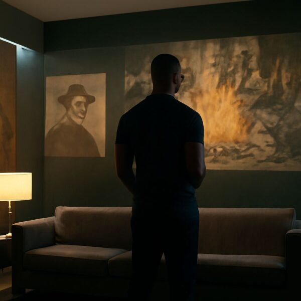 A futuristic parlor wall screen representing Fahrenheit 451