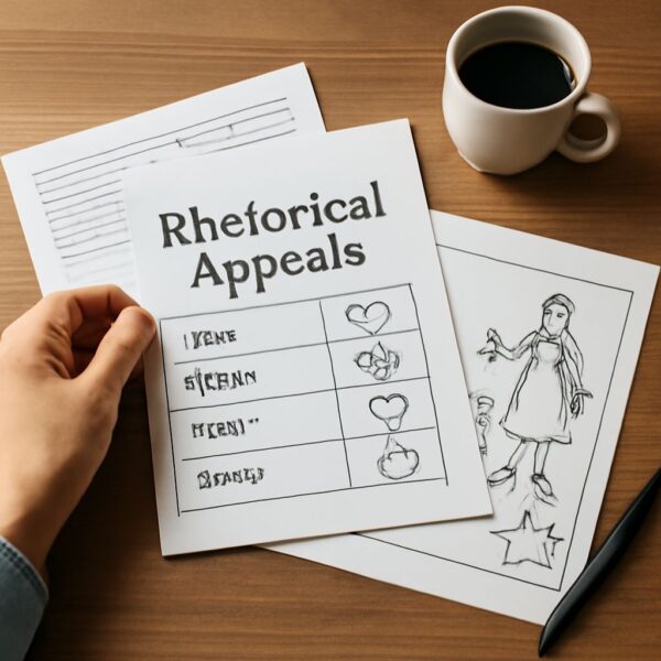 A clock beside speech bubbles representing kairos and rhetorical appeals