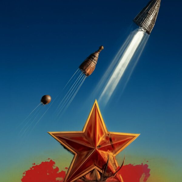 Worker soldier and cosmonaut in Soviet poster art