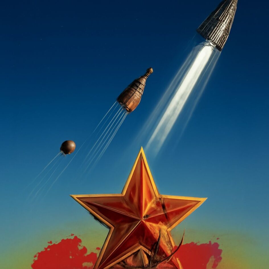 Worker soldier and cosmonaut in Soviet poster art